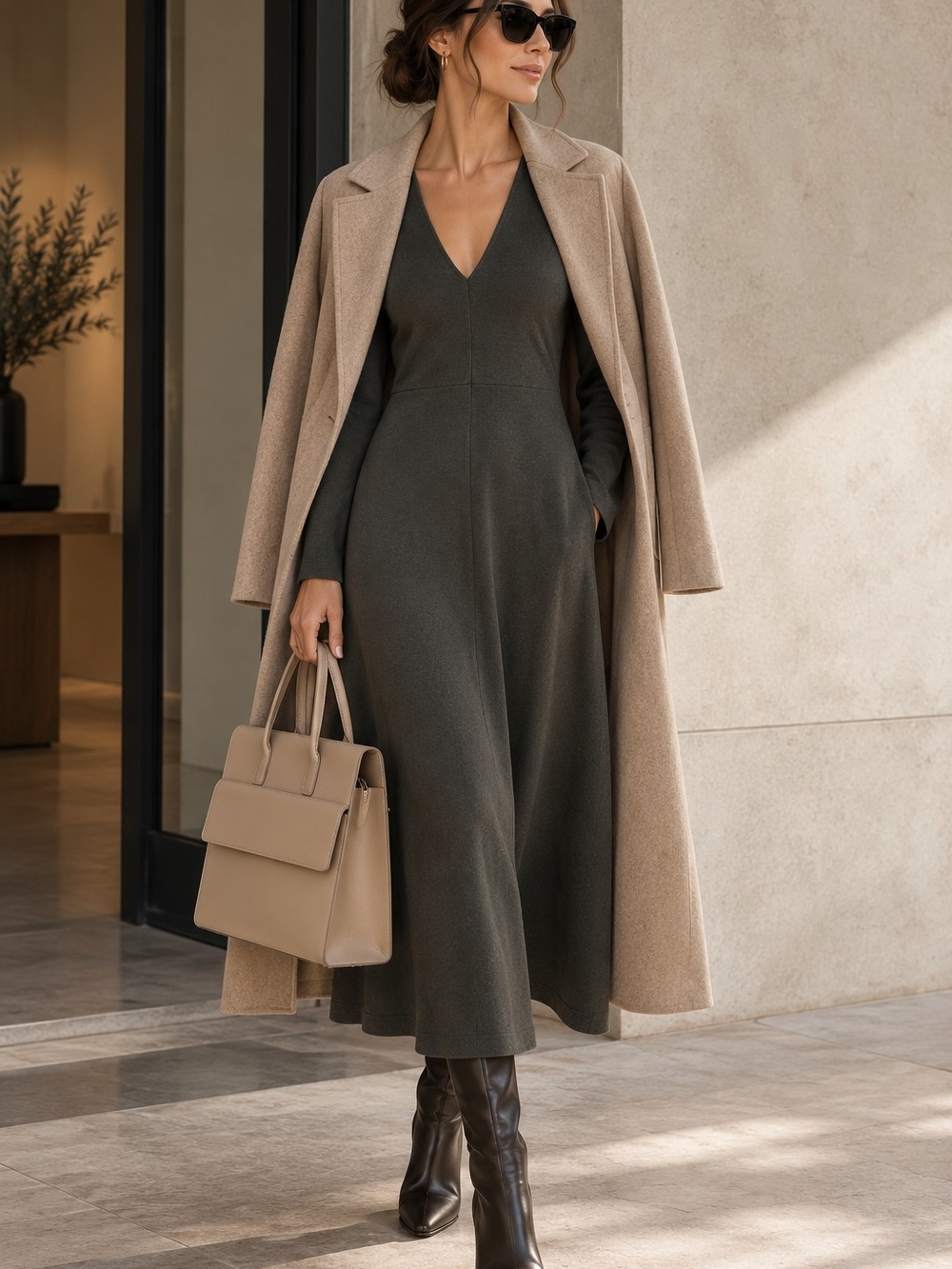 Zara Interlock V-Neck Long Sleeve Midi Dress NWT